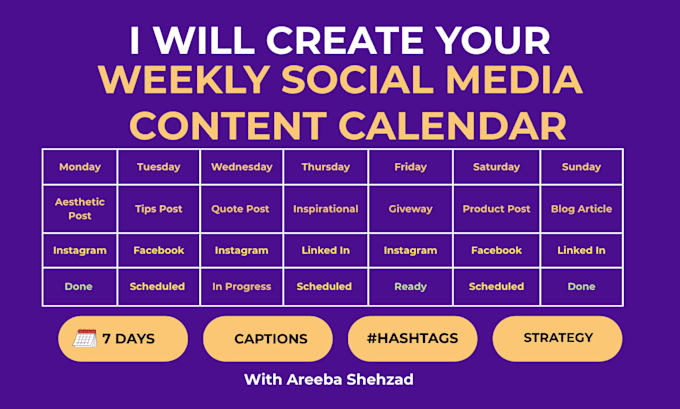 create a weekly social media content calendar with captions