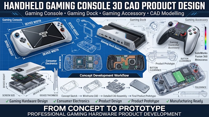 create handheld gaming console, gaming dock, gaming accessory cad modelling