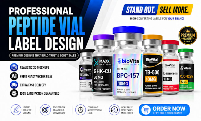 create peptide vial label, product label design, packaging design