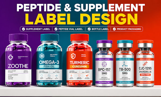 design peptide vial label, supliful supplement label,  and product label design