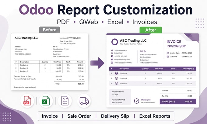 customize odoo PDF, qweb, excel reports and invoices