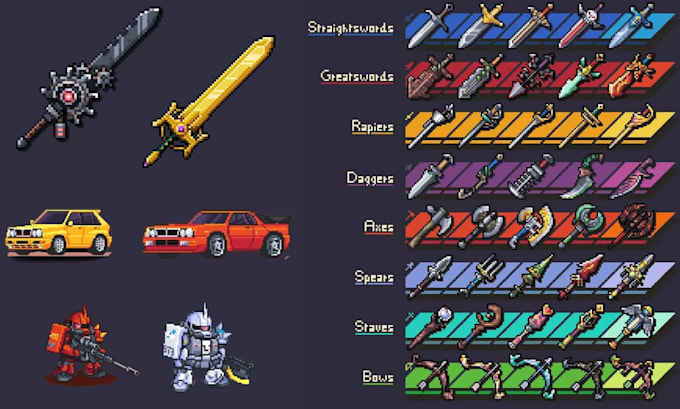 create professional pixel art game assets, weapons, and tilesets