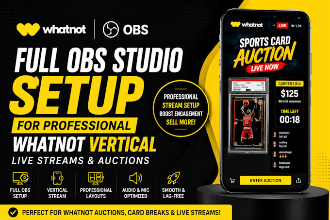 setup full obs studio for professional whatnot vertical live streams and auction