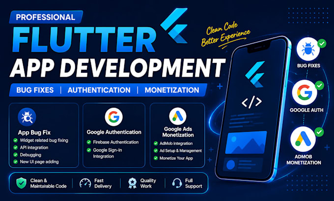 fix flutter app bugs, fix login issues, and do ads monetisation