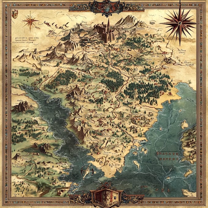 draw a detailed hand drawn fantasy map