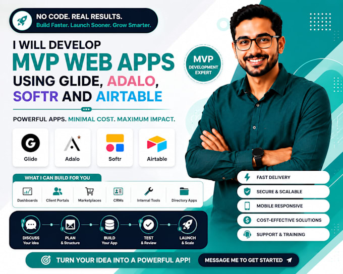 develop mvp web apps using glide adalo expert softr and airtable, appsheet