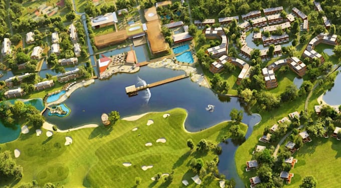 design 3d building for map,large terrain golf community,tourism resort,drone cgi