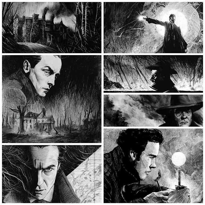 create noir comics and graphic novel illustrations