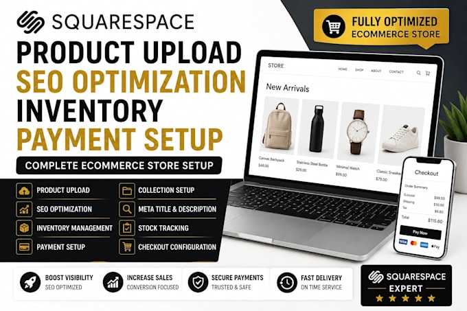 do squarespace product upload seo optimization inventory payment setup
