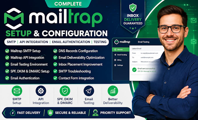 setup mailtrap SMTP API integration email authentication testing spf dkim dmarc