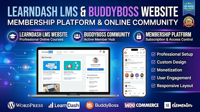 build learndash lms website, buddyboss community and membership website