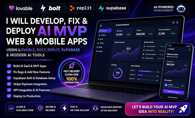 develop, fix, and deploy ai mvp web mobile apps  lovable, bolt, replit, supabase