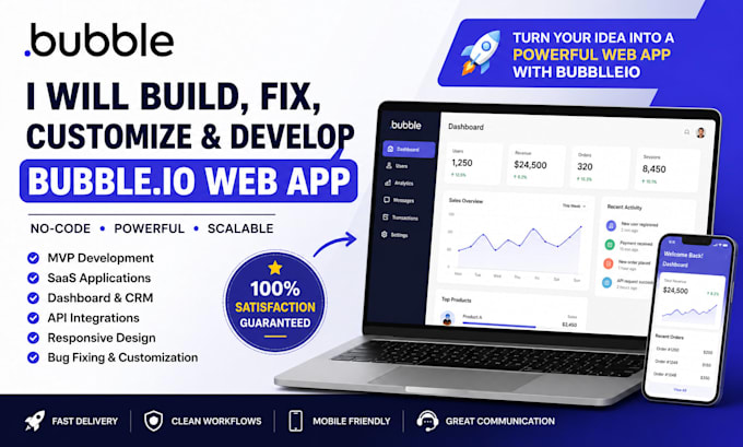 develop bubble io web app, mvp, saas, CRM and marketplace