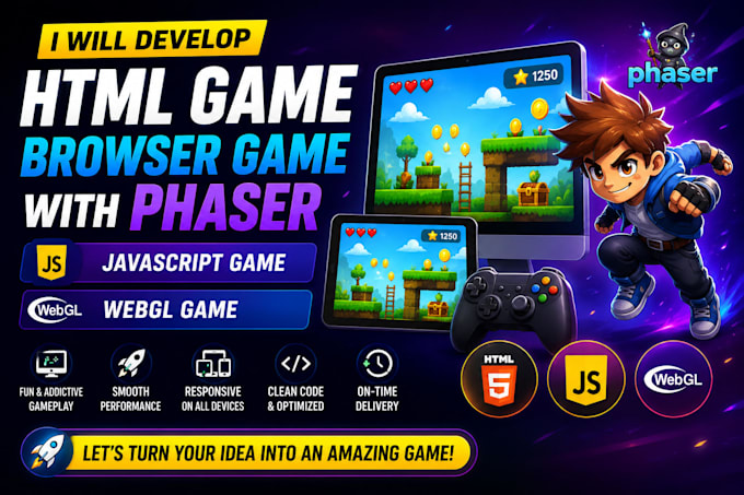 develop html game, browser game with phaser, javascript game, webgl game