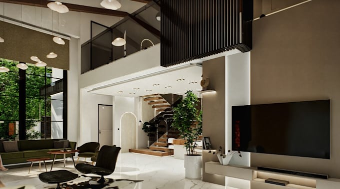 recraft 3d open living interior, luxury apartment,private residence,panel render