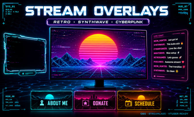 design a retro futuristic synth wave stream overlay or vtuber asset pack
