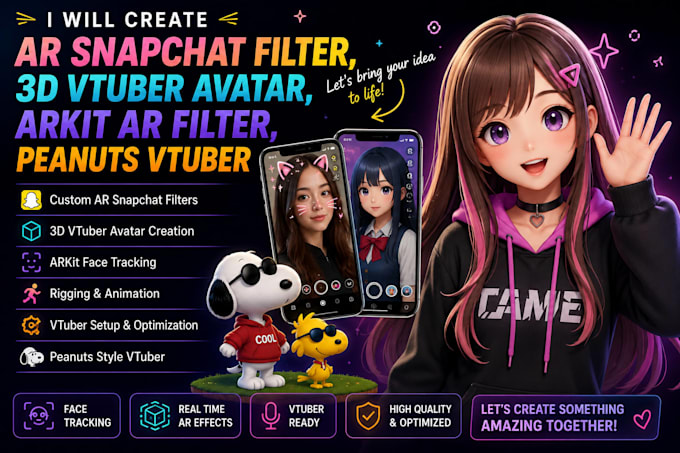 create ar snapchat filter, 3d vtuber avatar, arkit ar filter, peanuts vtuber