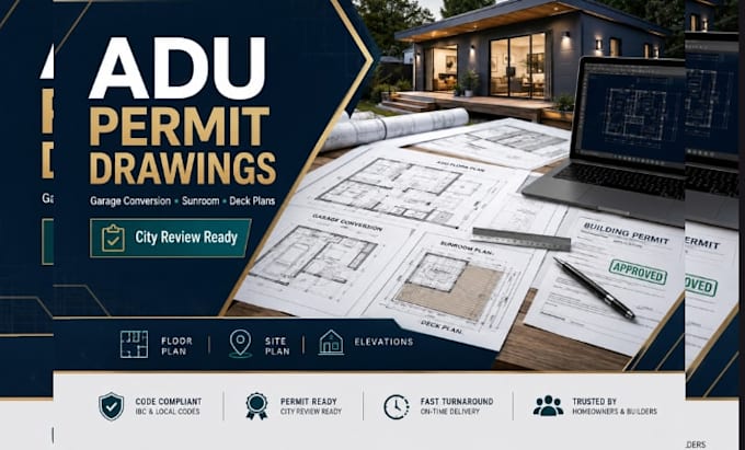 draw adu permit drawings, garage conversion, sunroom and deck drawings