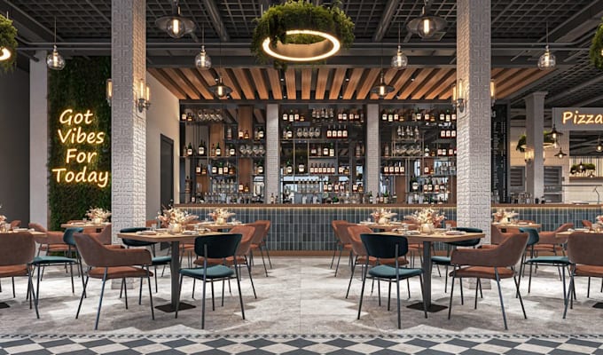 redesign 3d bar interior layout, restaurant concept rendering,cafe,lounge visual