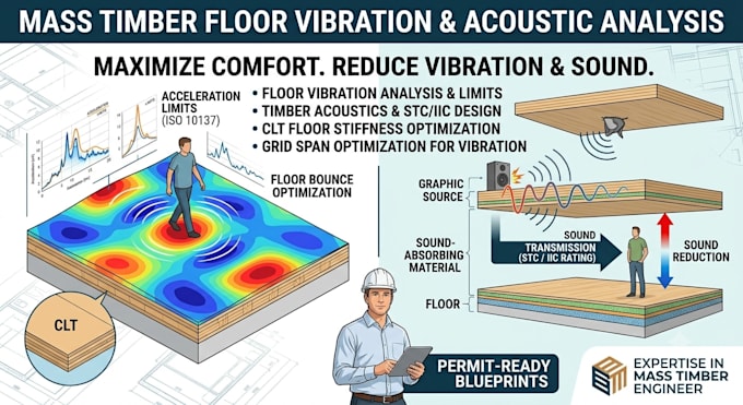 floor vibration analysis timber acoustics design clt stiffness, wood structure