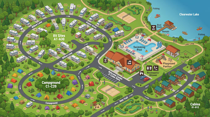 design detailed rv park map, campground map, resort map and visitor guide