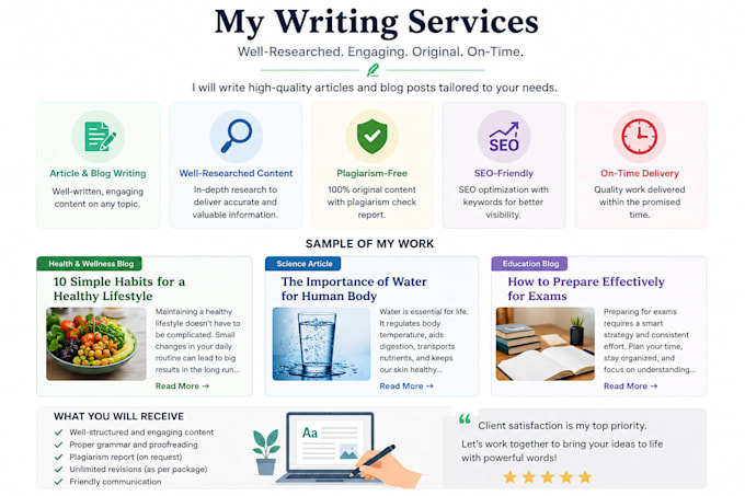 write articles , blogs , books and content script