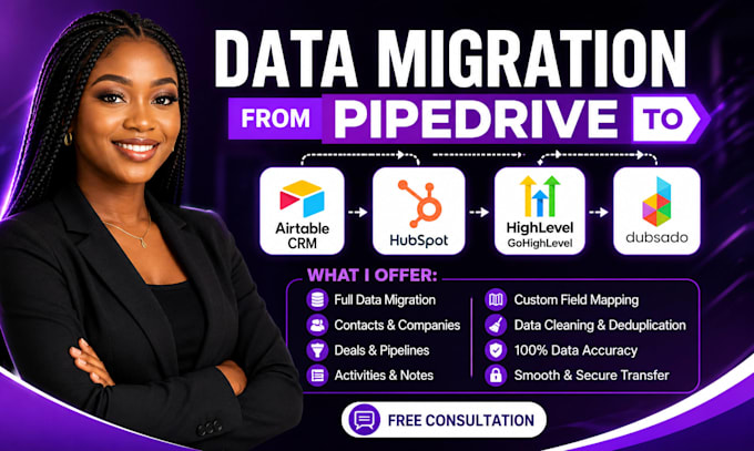 do data migration from pipedrive to airtable CRM, hubspot, gohighlevel, dubsado