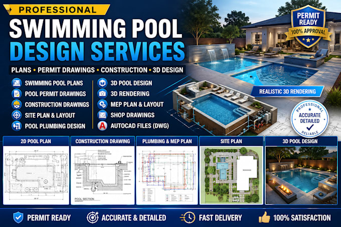 design swimming pool plans, construction drawings pool permit and 3d pool design