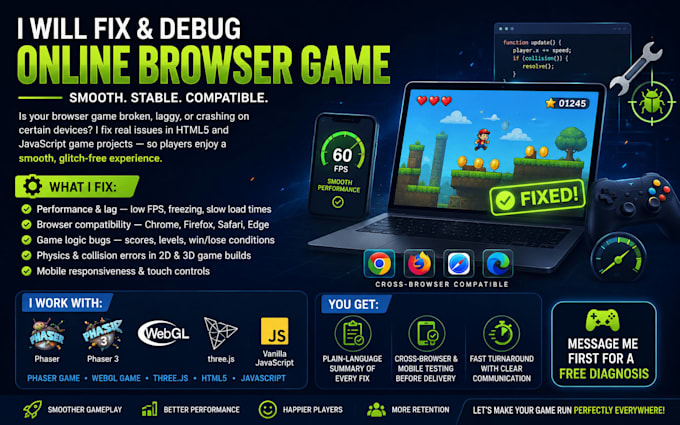 fix bugs lags and browser compatibility issues in your html javascript game
