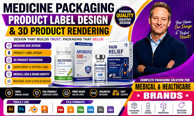 do medicine packaging design, product label design and 3d product rendering