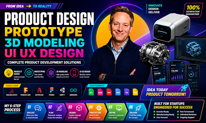do product design, prototype, 3d modeling and UI UX design