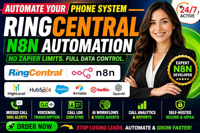 build n8n automation for ringcentral, missed call  sms, crm sync, ai workflows
