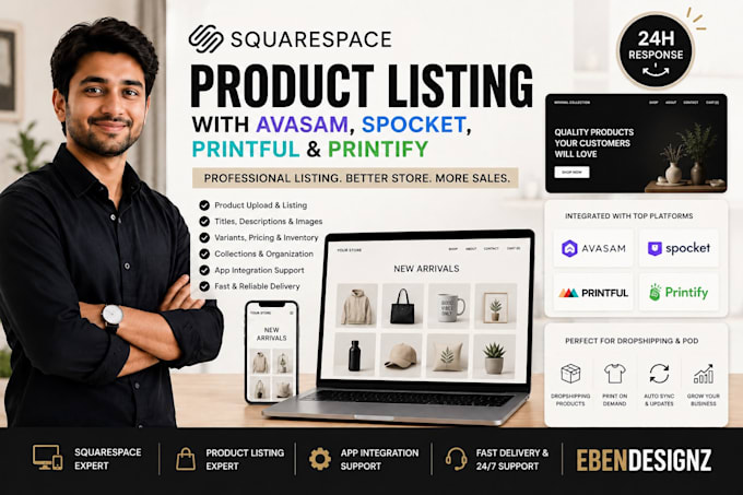 squrespace product listing with avasdams, spocket, printful and printify