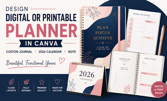 design digital or printable planner in canva, custom journal, 2026 calendar note