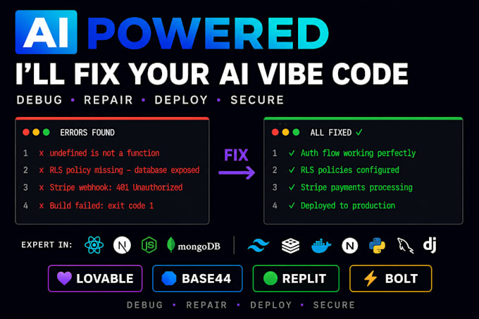 fix errors, debug and repair your vibe coded app in lovable base44 replit bolt