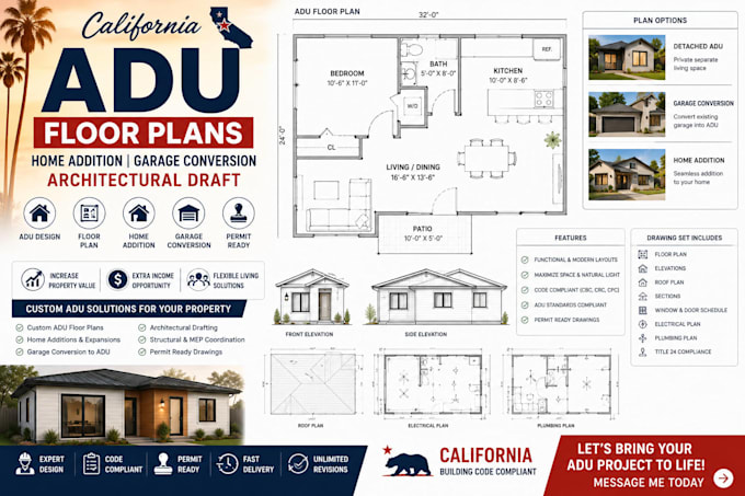california architectural draft adu floor plans home addition garage conversion