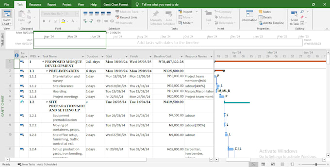 create a construction programme of works in ms project