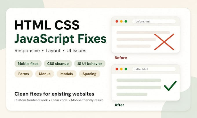 fix HTML CSS javascript and responsive website issues