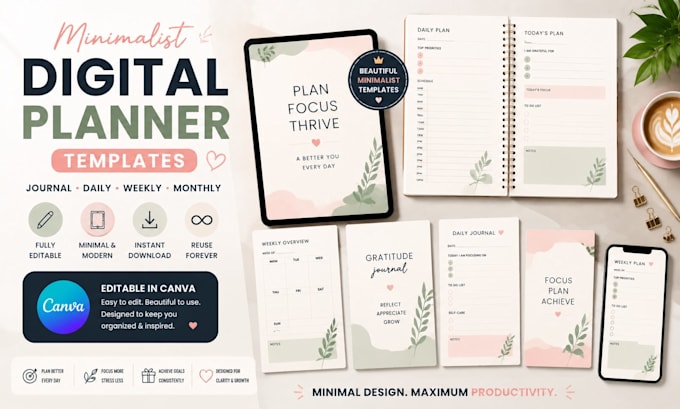 design editable minimalist digital canva journal daily weekly planner templates
