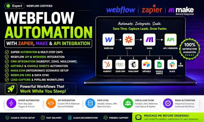 setup webflow zapier integration, automation and api workflow