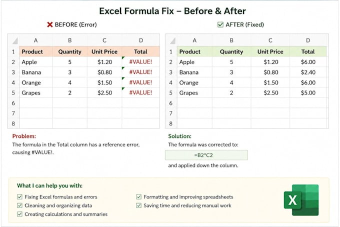 fix excel formulas, spreadsheets and errors