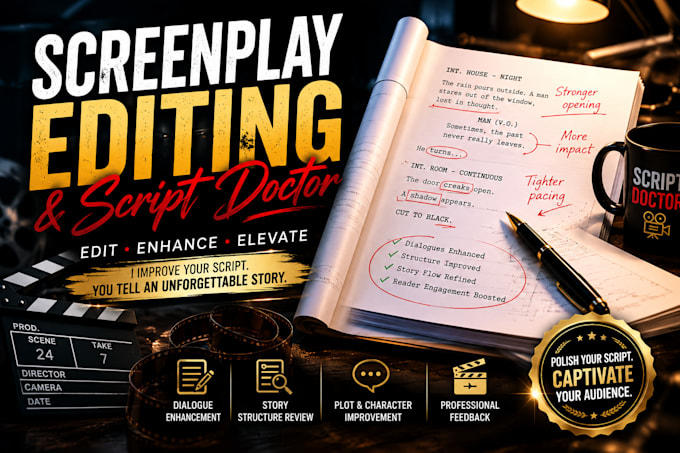 be script editor, script doctor, script coverage, screenplay editor and format