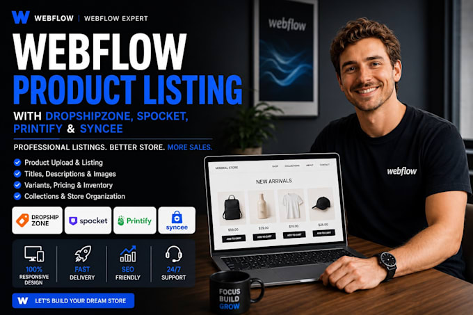 webflow product listing with dropshipzone, spocket, printify and syncee