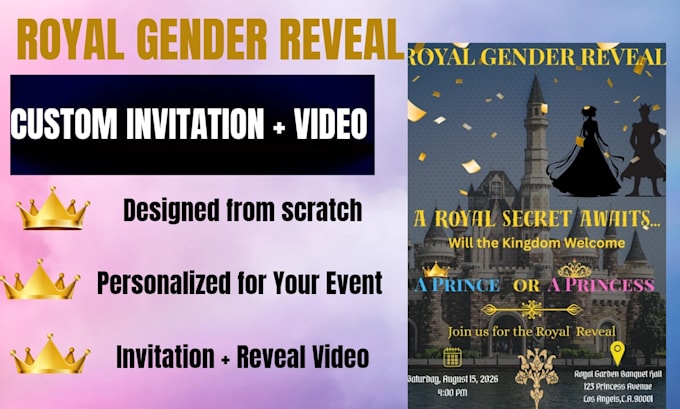 create a royal castle gender reveal invitation and announcement video