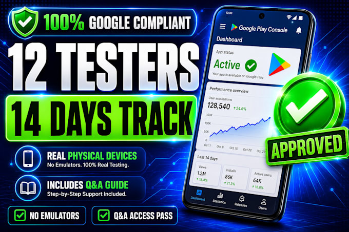 provide 12 testers, closed testing, andriod app testing for google play