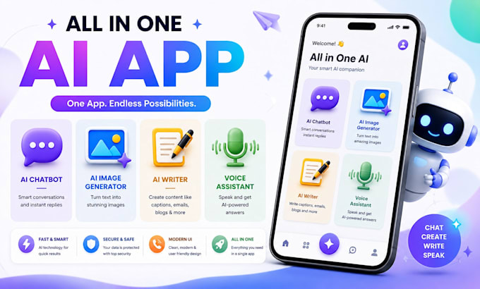 develop a complete ai app with chatbot image generator and voice