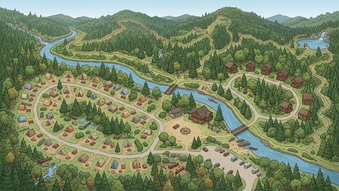 design illustrated campground, rv park, and glamping resort maps