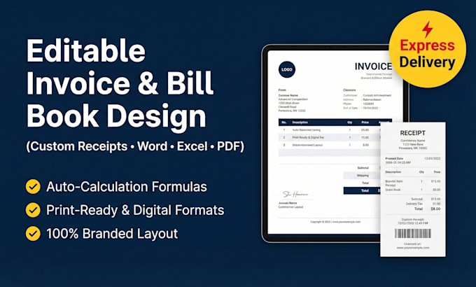 create, make, design and editable custom invoice, receipt, bill book