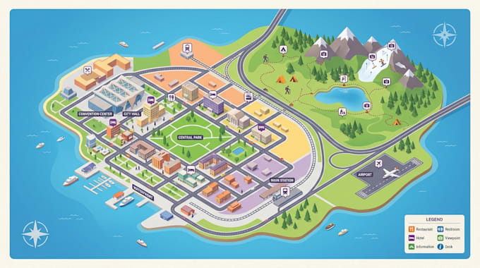 design conference map, world map, isometric map, tourist map, cartography