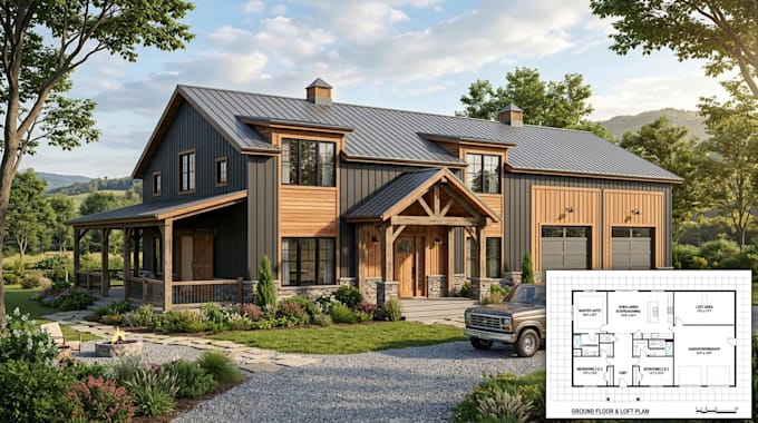 render barndominium, pole barn, house plan, facade design for your project